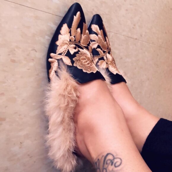 Neiman Marcus Black Satin Velvet Embroidered Lamb Fur Loafers - Picture 5 of 5